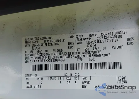 2019 Ford F-250 Xl from USA, damaged, VIN 1FT7X2B6XKEE68489